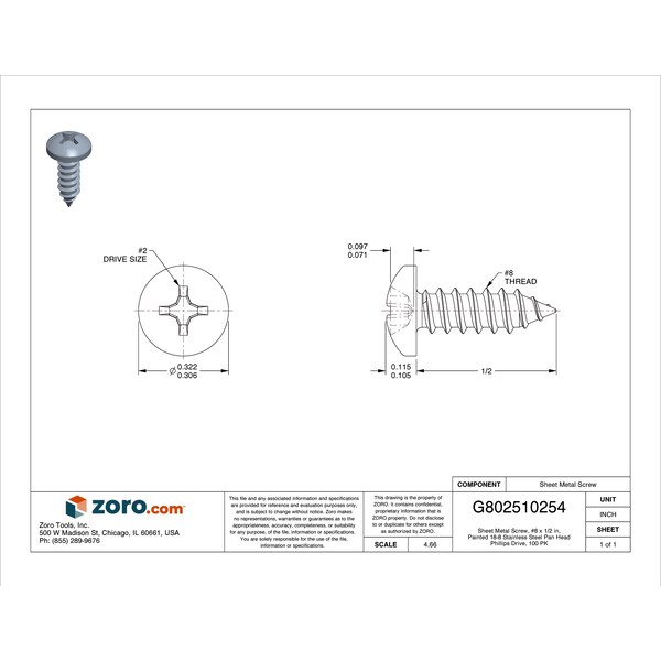 Sheet Metal Screw, #8 X 1/2 In, Painted 18-8 Stainless Steel Pan Head Phillips Drive, 100 PK